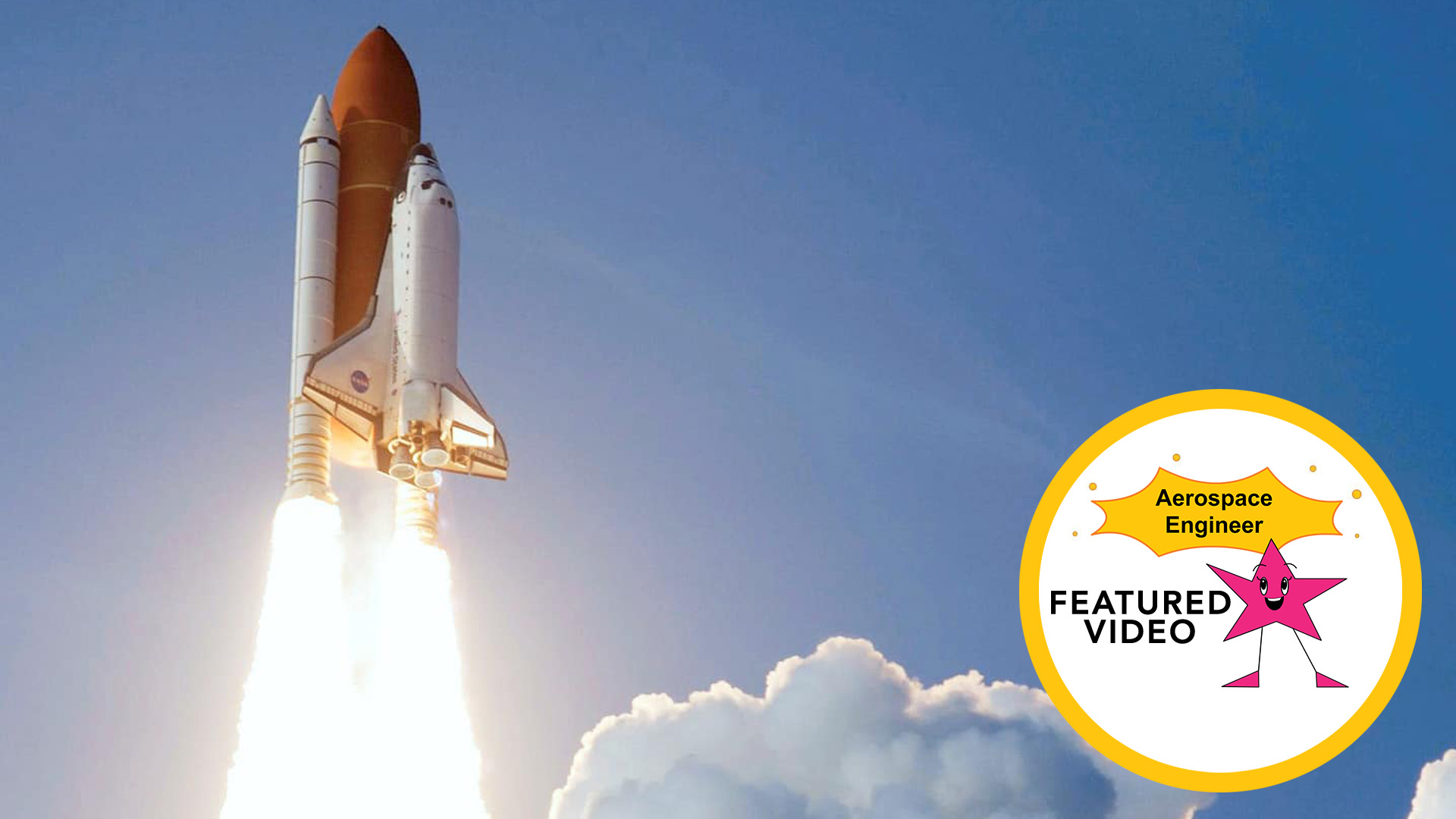 Aerospace engineer designed red and white space shuttle rocket launches into space against a blue sky and cloud