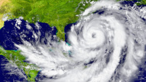 Meteorologist image of colorful radar weather pattern of a hurricane developing and approaching the US coast