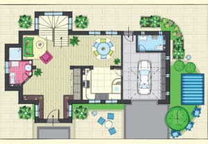 Overhead view of colorful interior design and landscaping plan for a house