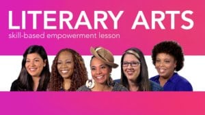 Diverse women role models smiling at girls beneath the word Literary Arts careers