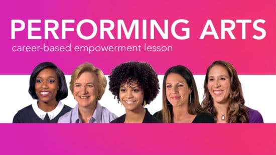 Performing arts diverse women role models face audience in front of pink graphic background
