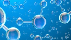 Hydrologists career illustration of water molecules as blue bubbles attached to atoms swimming in a blue background