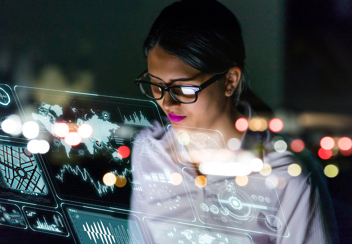 Woman's reflection shown in stylized image with a computer network and lights