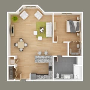 Interior Designer Career - overhead view of furniture design layout in one bedroom apartment
