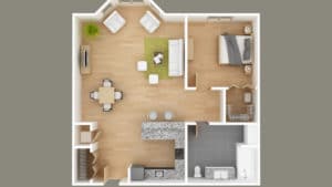 Interior design computer simulated visualization model of overhead view of furniture design layout in one bedroom apartment
