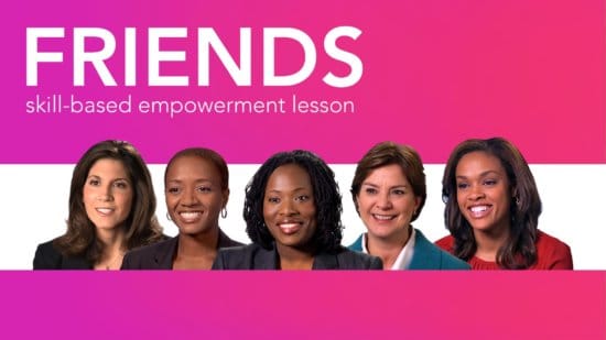 Diverse women role models smiling beneath the word friends