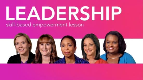 Diverse women role models smiling beneath the word leadership