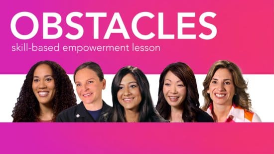 Diverse women role models in front of pink background facing girls under the words overcoming obstacles