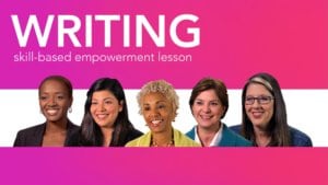 Diverse women role models smiling beneath the word writing skills