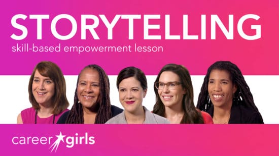 Diverse women role models grouped together against a pink background under the words Storytelling 101