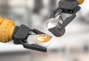 Robot arm pours a cup of hot coffee