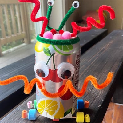 mini robot craft project for groups made of aluminum cans toothpicks and brightly colored foam