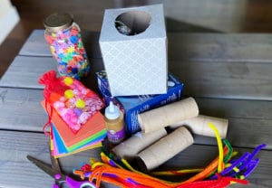 Cardboard paper tubes, tissue box, colorful pipe cleaner decorations