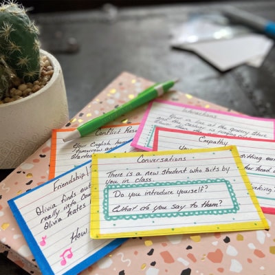 Social skills cards in bright colors used for group student activity