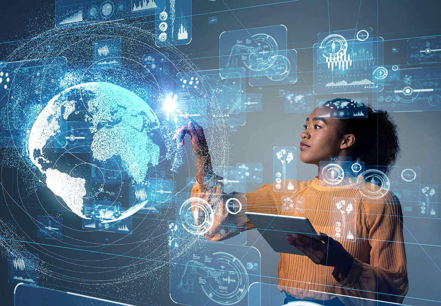 Girls drawing on virtual AI screen with image of earth and equations