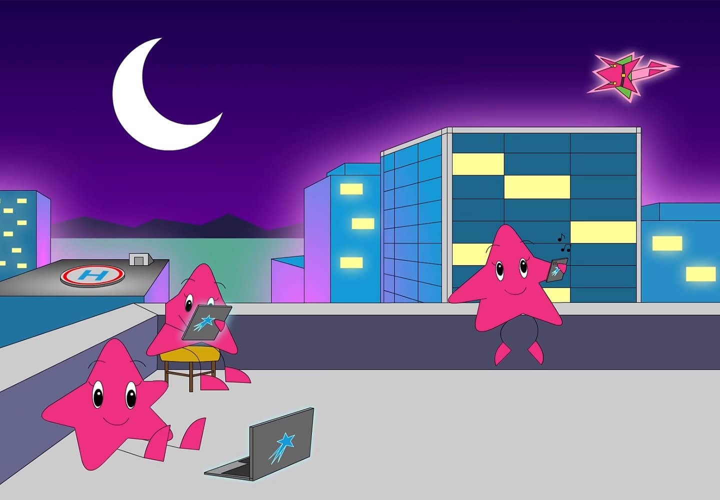 Animated stars lounging on roof deck with moon and city nightscape in the background