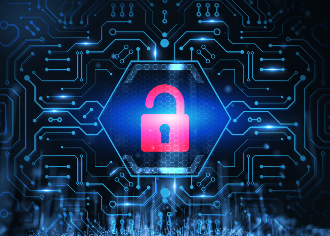 Cybersecurity graphic with a centered pink lock