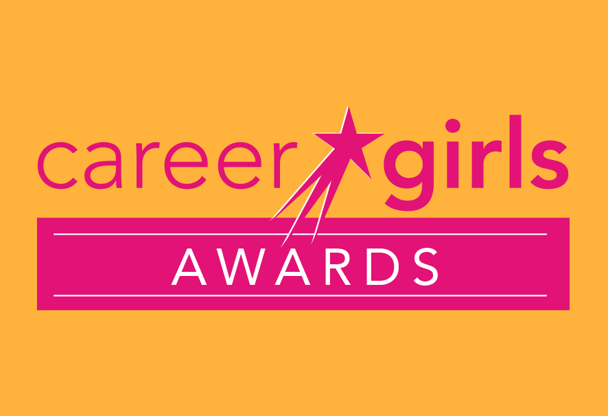 Career Girls Awards logo yellow background with pink logo.
