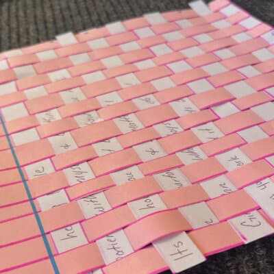 Weaving together life lessons Empowerment Activity image of colorful paper weaved together with writing.