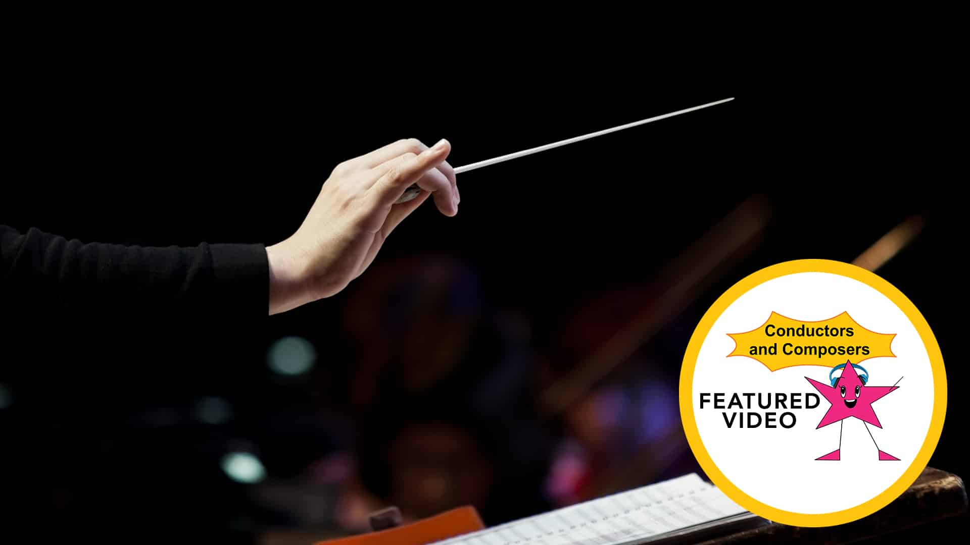 Conductor with baton at performance with podium and score for animated conductor and composer career exploration video